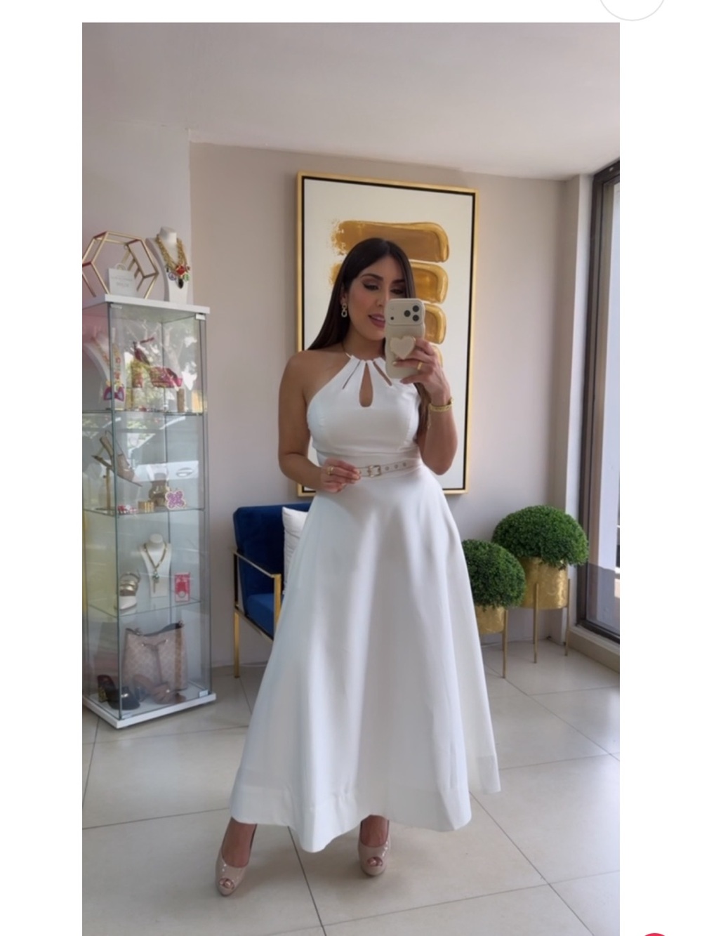 Elegant White Halter Midi Dress with Keyhole Neck